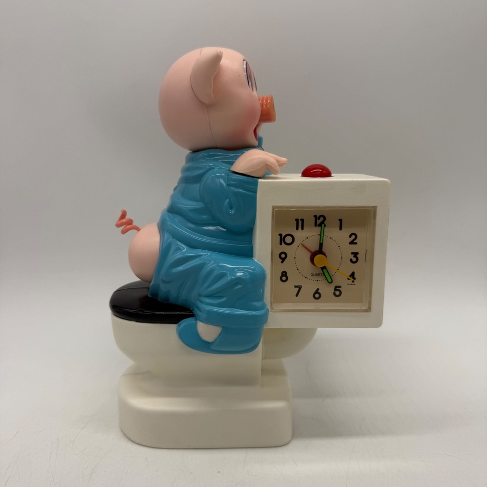 Pig in Pajamas on Toilet Quartz Alarm Clock Blue Novelty Vintage For Parts